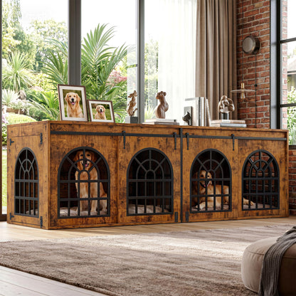 IRONCK 90.2" Double Room Dog Crate Furniture with Sliding Doors– Heavy Duty Wooden Dog Kennel with Hinged Divider, TV Stand & End Table for Large to Medium Dogs, Brown (Brown)
