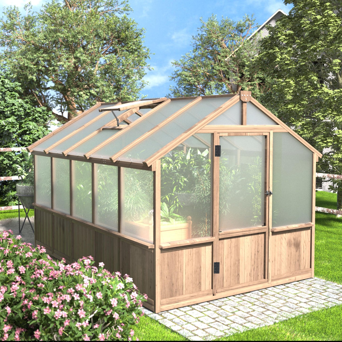 Yardenaler 8x10 FT Greenhouse Kit with 6MM Thick Polycarbonate Panel for Outdoor, Wooden Walk-in Green House with Adjustable Roof Vent and Lockable Door, Backyard, Garden, Light Mocha Brown