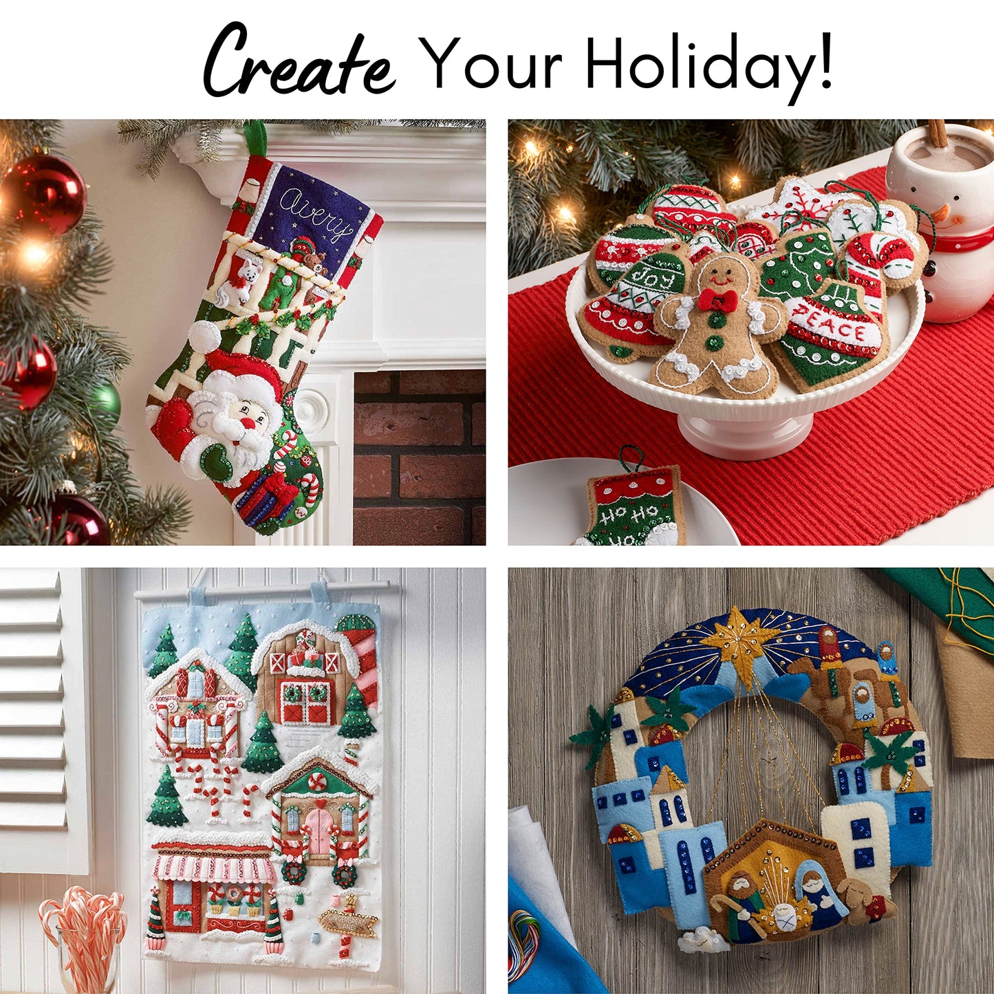 Bucilla Felt Applique Wreath Kit, Holiday Housecats, Perfect for DIY Arts and Crafts, 89490E