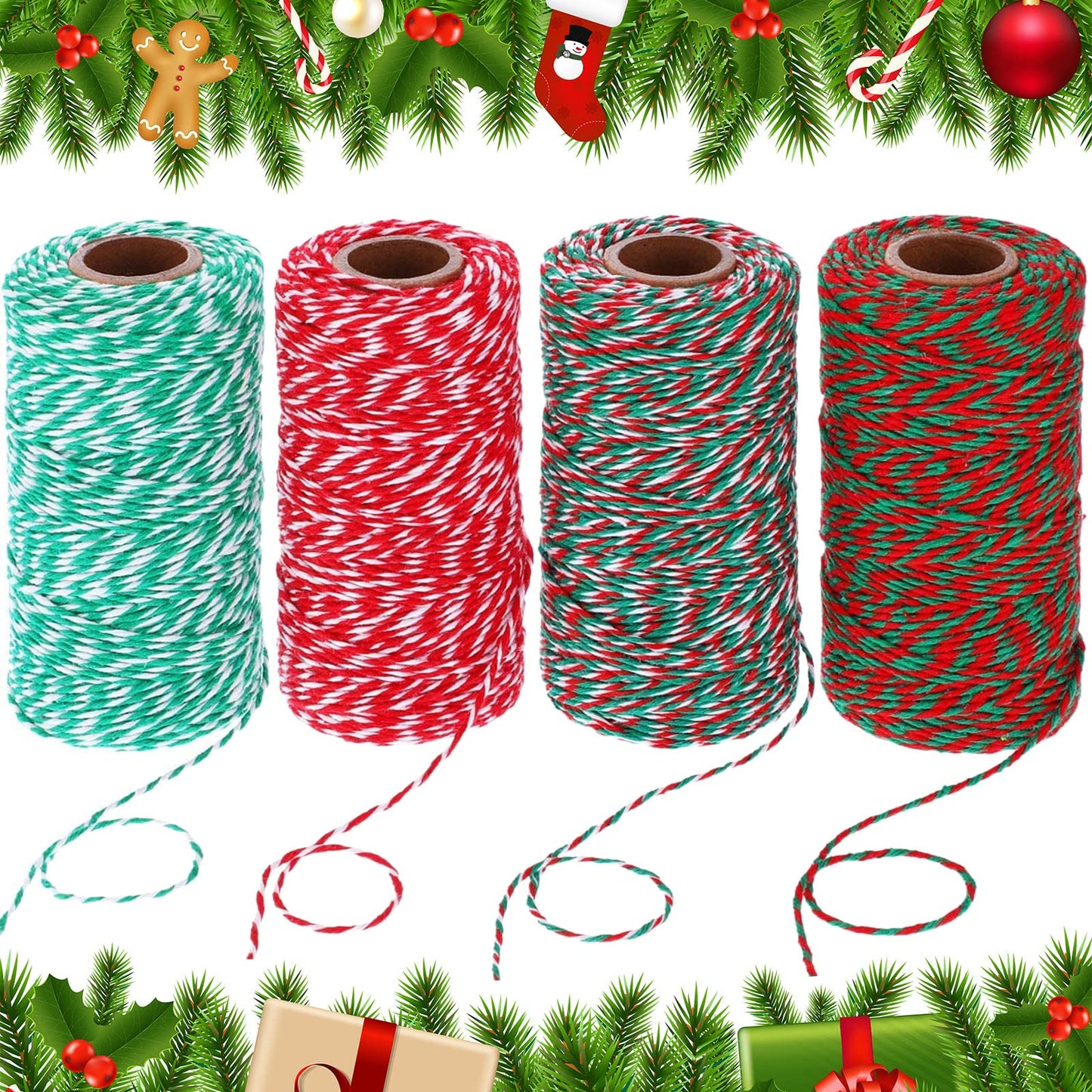 Boao 4 Rolls 1312 Feet Christmas Twine Cotton String Bakers Twine for Crafts Red and White Arts Gift Wrapping Wrap Xmas DIY Supplies