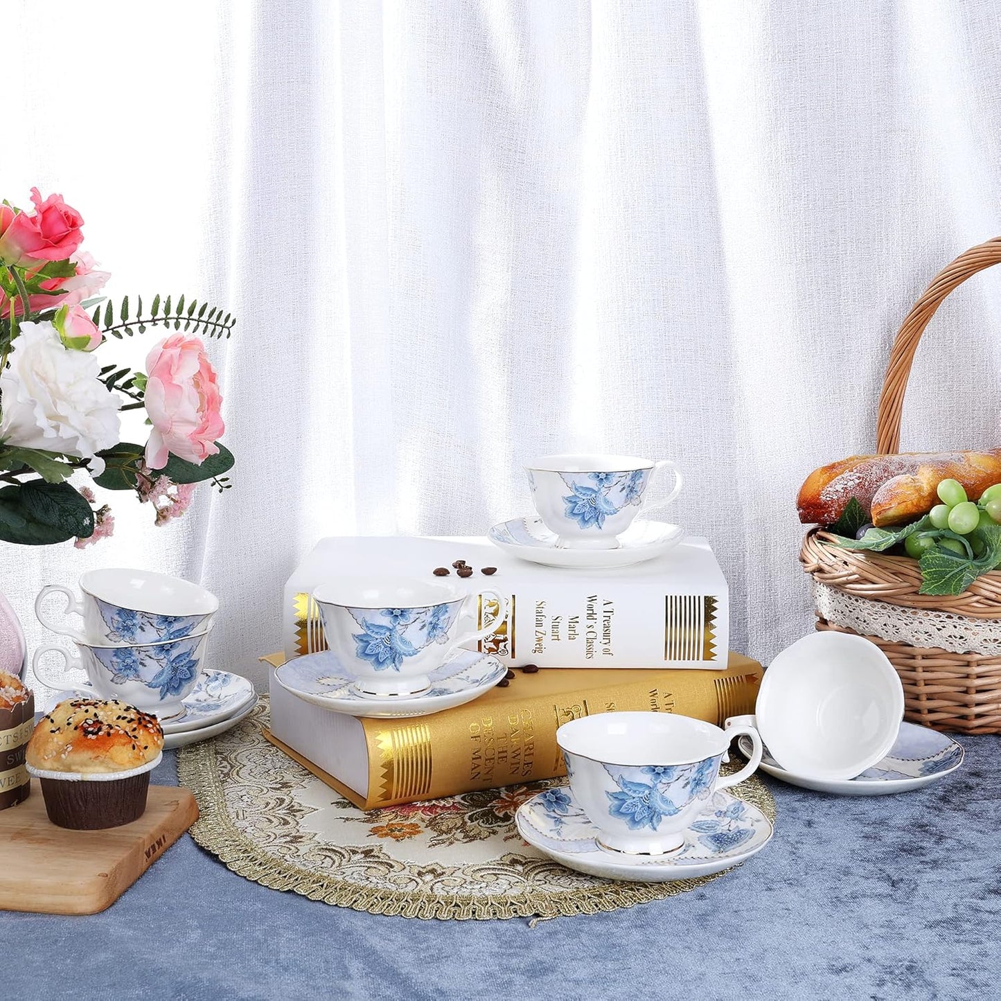 Set 6(5 oz), fanquare Floral Coffee Cups of Porcelain Cappuccino Cups with Saucers, Tea Cup for Birthday Wedding Party
