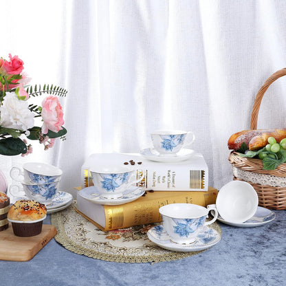 Set 6(5 oz), fanquare Floral Coffee Cups of Porcelain Cappuccino Cups with Saucers, Tea Cup for Birthday Wedding Party