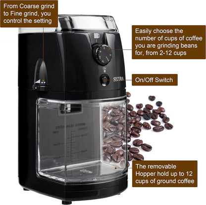 Secura Electric Burr Coffee Grinder Mill, Adjustable Cup Size, 17 Grind Size Settings for Drip, Percolator, Black