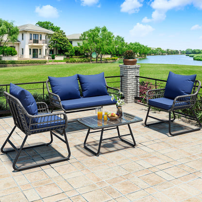 YITAHOME 4 Piece Patio Furniture Set, Wicker Outdoor Bistro Set, All Weather Rattan Patio Conversation Set with Soft Cushions and Glass Side Table for Backyard, Balcony, Deck - Navy Blue