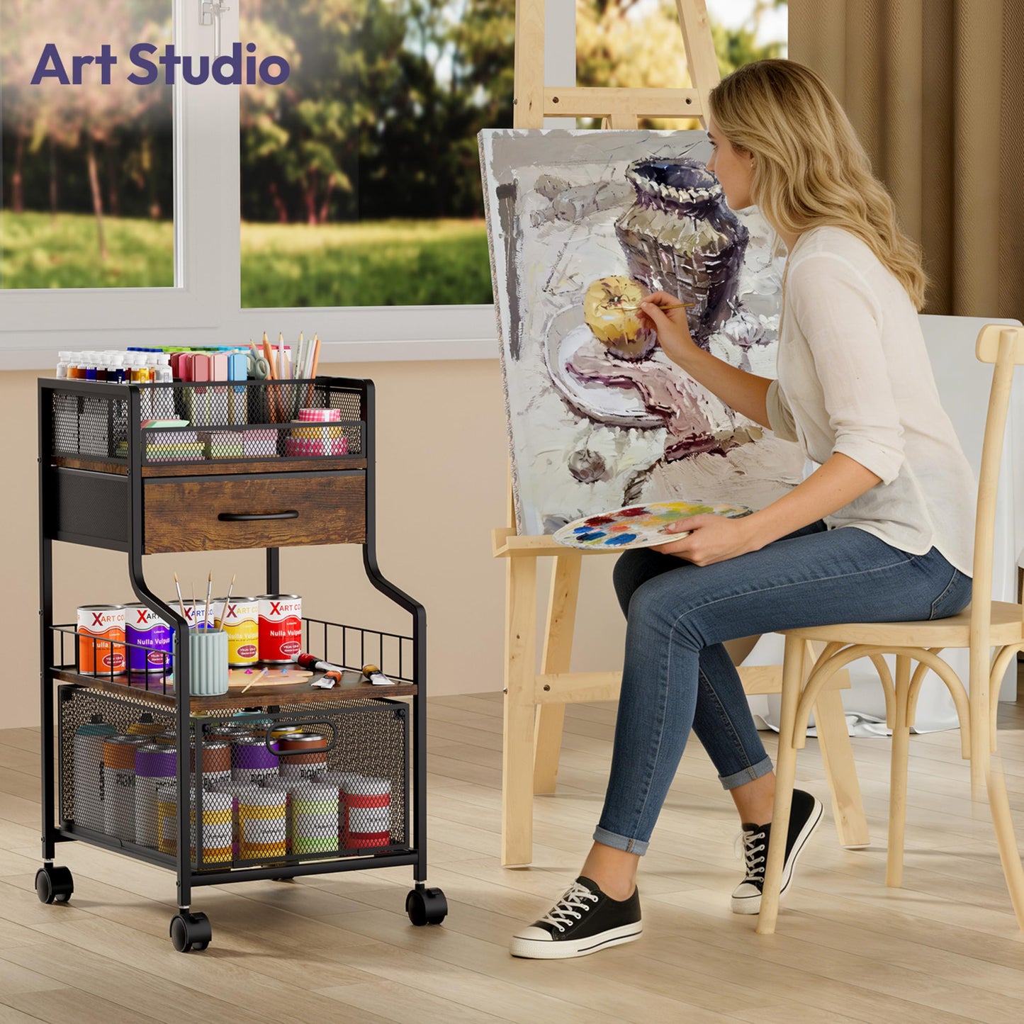 SWTYMIKI Under Desk Storage Cart- Art Storage Cart with Drawers & DIY Divider - Office Cart Organizer Under Desk Shelf, Craft Rolling Cart for Office, Craft Room & Studio Espresso