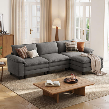 LINSY HOME 123'' Modular Sectional Sofa Grey Couch Corduroy Cloud Couches for Living Room, L Shaped Couch with Movable Ottoman, Modern Cloud Sectional Sofas for Bedroom and Apartment, Grey