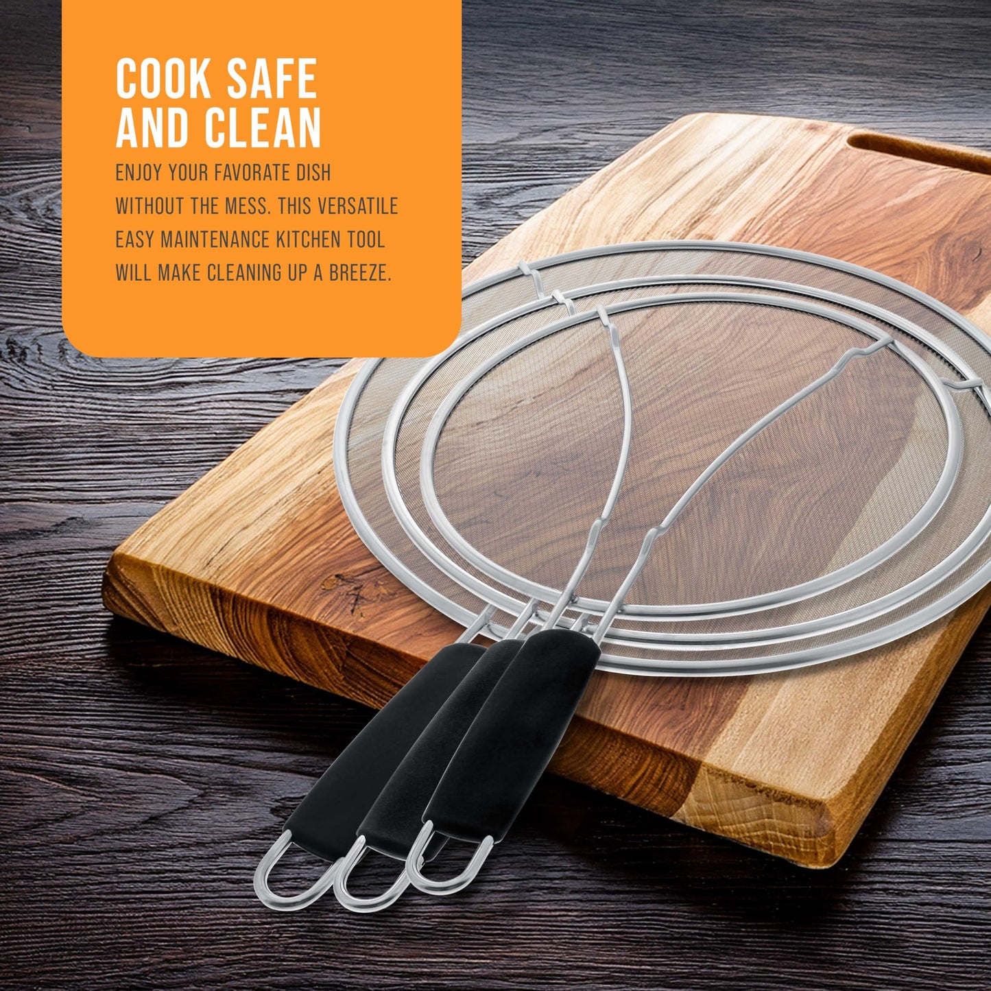 U.S. Kitchen Supply 3-Piece Stainless Steel Splatter Guard Set (13", 11.5", 9.5") Fine Mesh Cover, Grease & Oil, Splatter Screen for Frying Pan, Cooking Pots, with Resting Feet & Comfort Grip Handles
