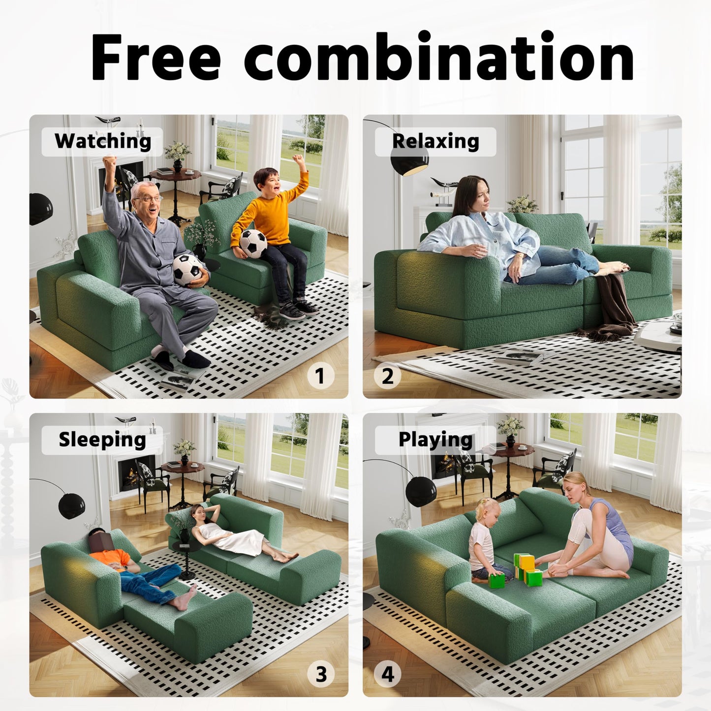 Cloud Modular Sectional Sofa, DIY Combination Modular Couch for Living Room, Unique Knitted Fabric Love Seat Couches with 2 Pillows, 2 Seater Comfy Sectional Couch with No Assembly (Green)
