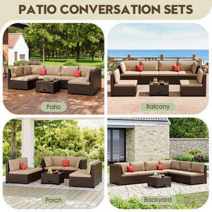 LHBcraft 7 Piece Outdoor Patio Furniture Set, Wicker Hand-Woven Patio Furniture Set Outdoor Patio Sectional Sofa for Backyard Rattan Seating with Beige Cushion