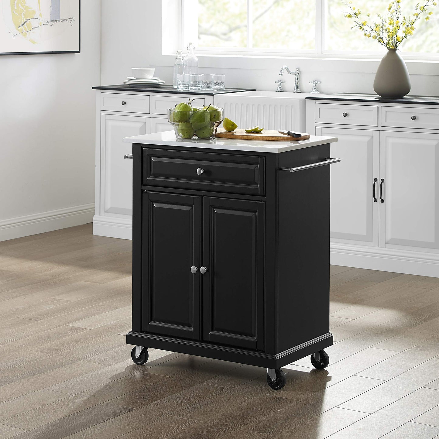 Crosley Furniture Compact Stone Top Small Rolling Cart with Shelves, Microwave Stand with Towel Rack, Black