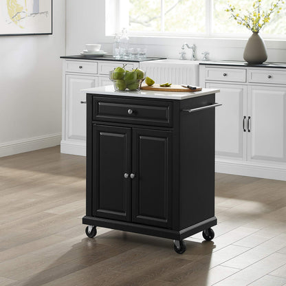 Crosley Furniture Compact Stone Top Small Rolling Cart with Shelves, Microwave Stand with Towel Rack, Black