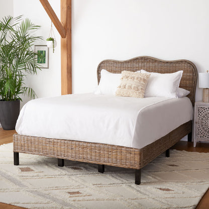 SAFAVIEH Home Collection Daejon Coastal Rattan Legs Camelback Headboard Full Size Bed BED8001A-F, Grey/Espresso