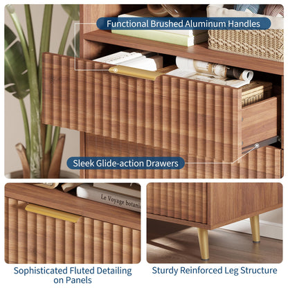 6 Drawers Dresser for Bedroom, 53.9" Wide Dressers with LED Lights and Charging Station, Curved Profile Design, Fluted Wood Drawers with Gold Handle, Modern Chest of Dressers for Living Room, Walnut