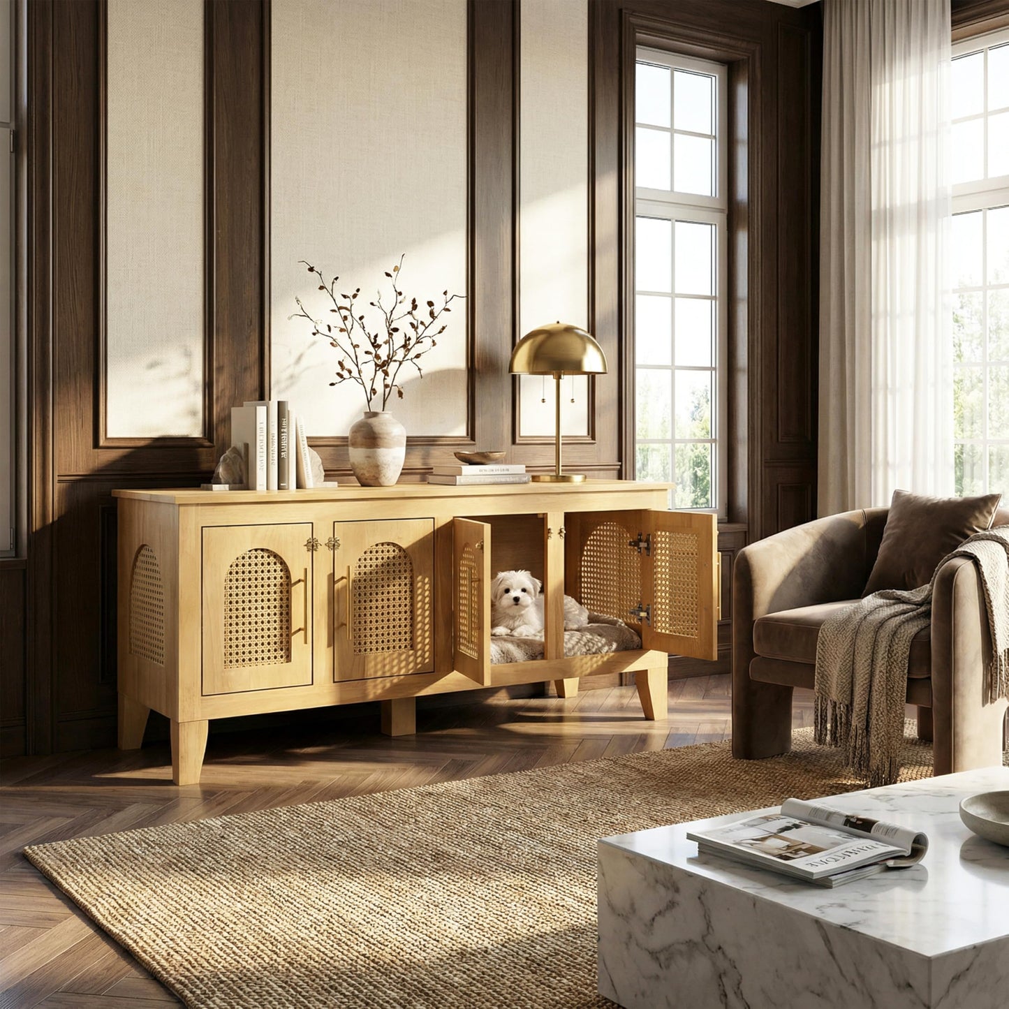 Christopher Knight Home Concun Large Dog Crate Furniture with Breathable Rattan Doors, Rubber Wood Kennel Indoor, Heavy Duty Dog Crate, Multifunctional 2-in-1 Living Room Storage Cabinet, Natural