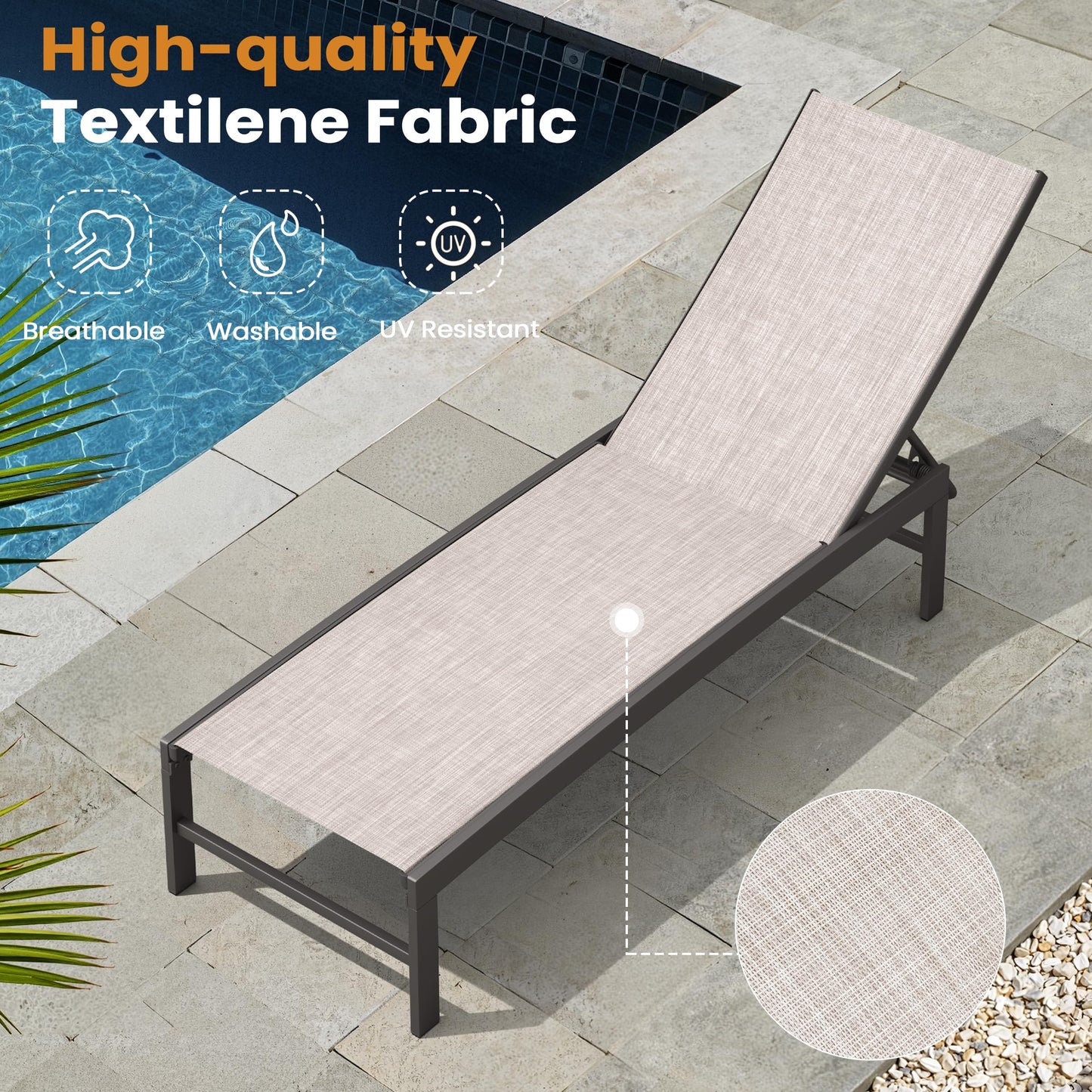 Crestlive Products Chaise Lounge Chair Outdoor Set of 4, Adjustable 5 Positions Pool Lounge Chairs, Metal Tanning Recliner, Outdoor Furniture All Weather for Patio, Beach, Yard, Pool(Beige)
