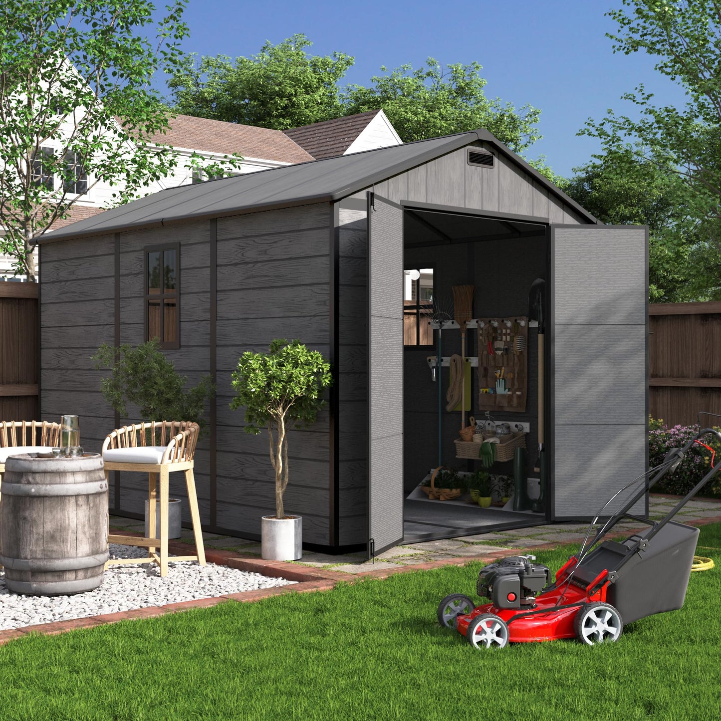 UDPATIO Resin Storage Shed 7.5x10.7 FT, Outdor Plastic Shed for Garden Tools Pool Equipment, Outside Sheds with Lockable Door for Backyard, Patio, Lawn, Dark Grey