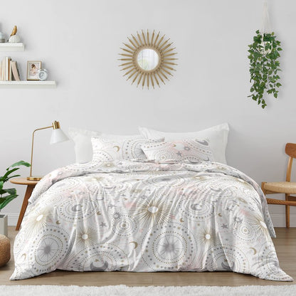 Sweet Jojo Designs Blush Pink, Gold, Grey and White Star and Moon Celestial Girl Full/Queen Kid Childrens Bedding Comforter Set 3 Pieces
