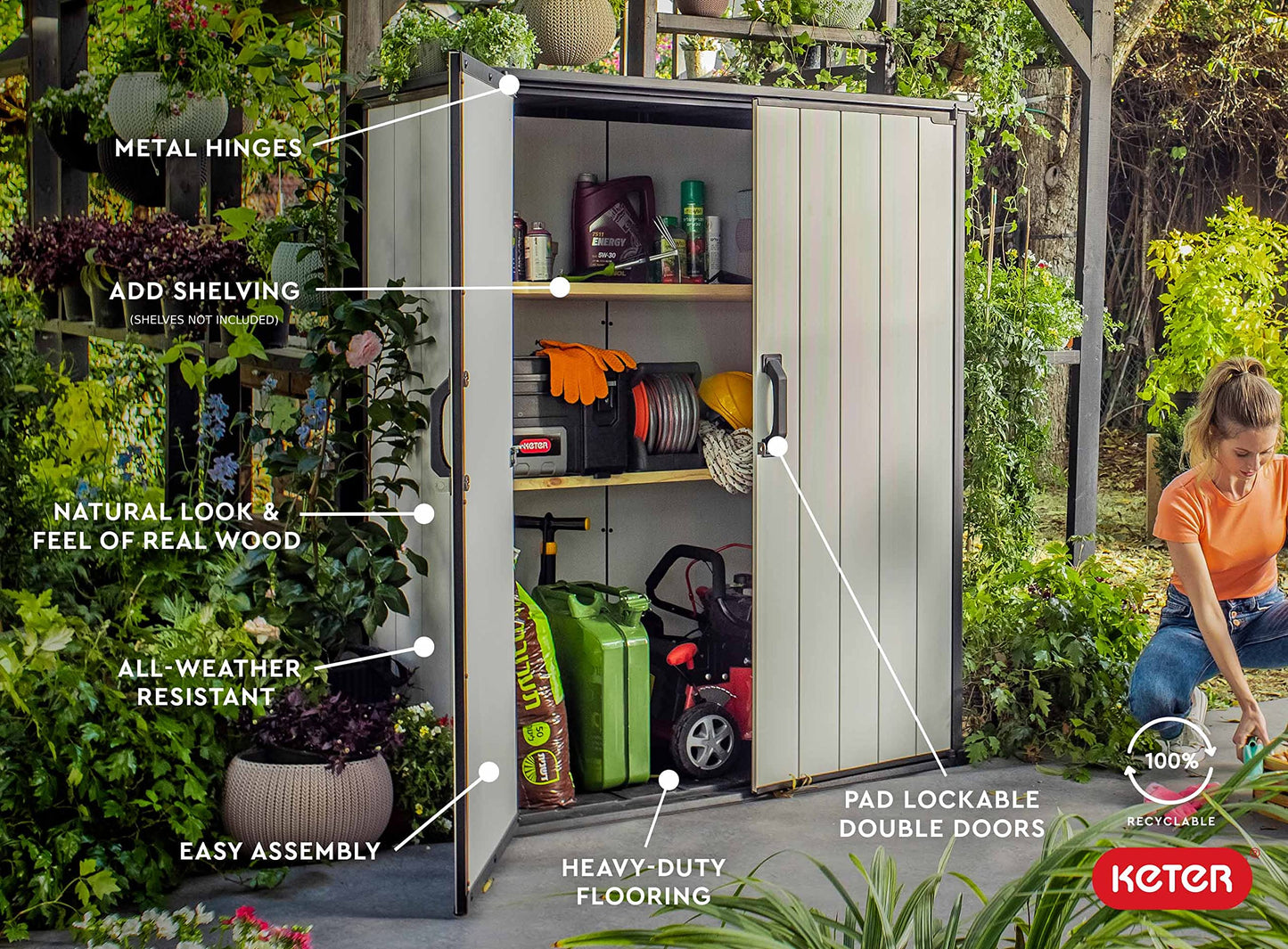Keter Premier Tall 4.6x5.6 ft Resin Outdoor Storage Shed, Backyard Garden Shed with Shelving Brackets for Tools, Patio Furniture, Pool & Bike Storage, Grey & Black, 62 cu. ft Capacity