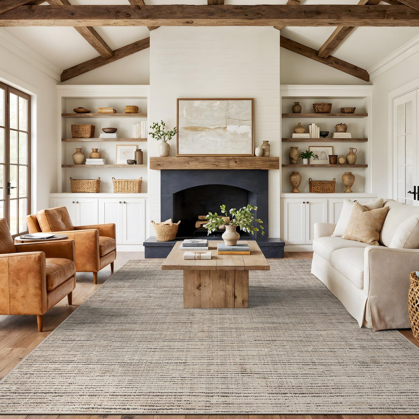Rugshop Textured High-Low Indoor Area Rug, Neutral Stripe Design, Jute Backing, Living Room Bedroom Kitchen Rug, Easy-Care Spot Clean, 7'10" x 10' Beige/Gray