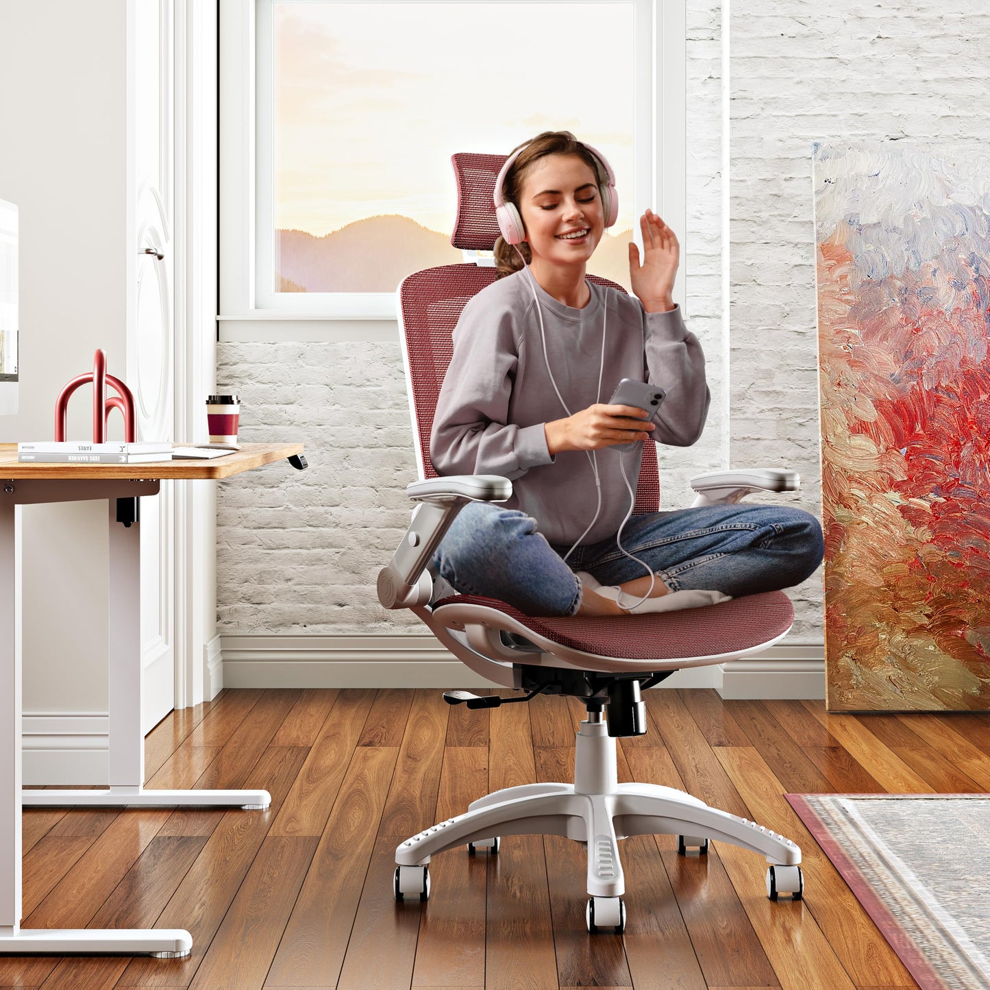 GABRYLLY Ergonomic Office Chair, High Back Home Desk Chair with Headrest, Flip-Up Arms, 90-120° Tilt Lock and Wide Cushion, 300LBS Mesh Chairs for Man Woman, White Task Chair(Red,GY01WR)