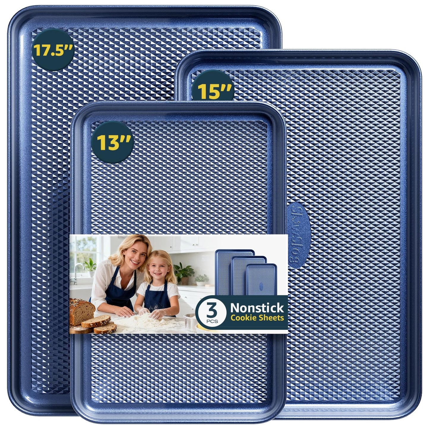 Slow Slog 3Pcs Nonstick Baking Sheet, Baking Sheet Pan Set, Jelly Roll Pans, Cookies Sheet for Baking, Cookie Sheet Pan with Diamond Texture, Blue