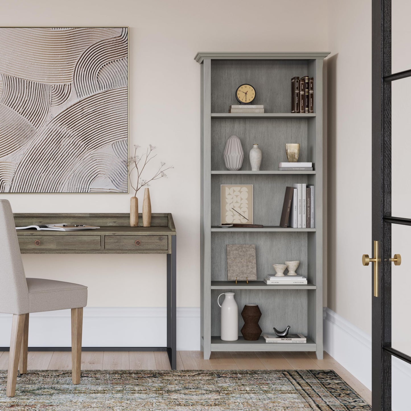 SIMPLIHOME Amherst Bookcase - 70 inch Tall 5-Shelf Solid Wood Bookshelf in Fog Grey, Transitional Storage for Living Room, Study Room or Office with Adjustable Shelves and Tapered Legs