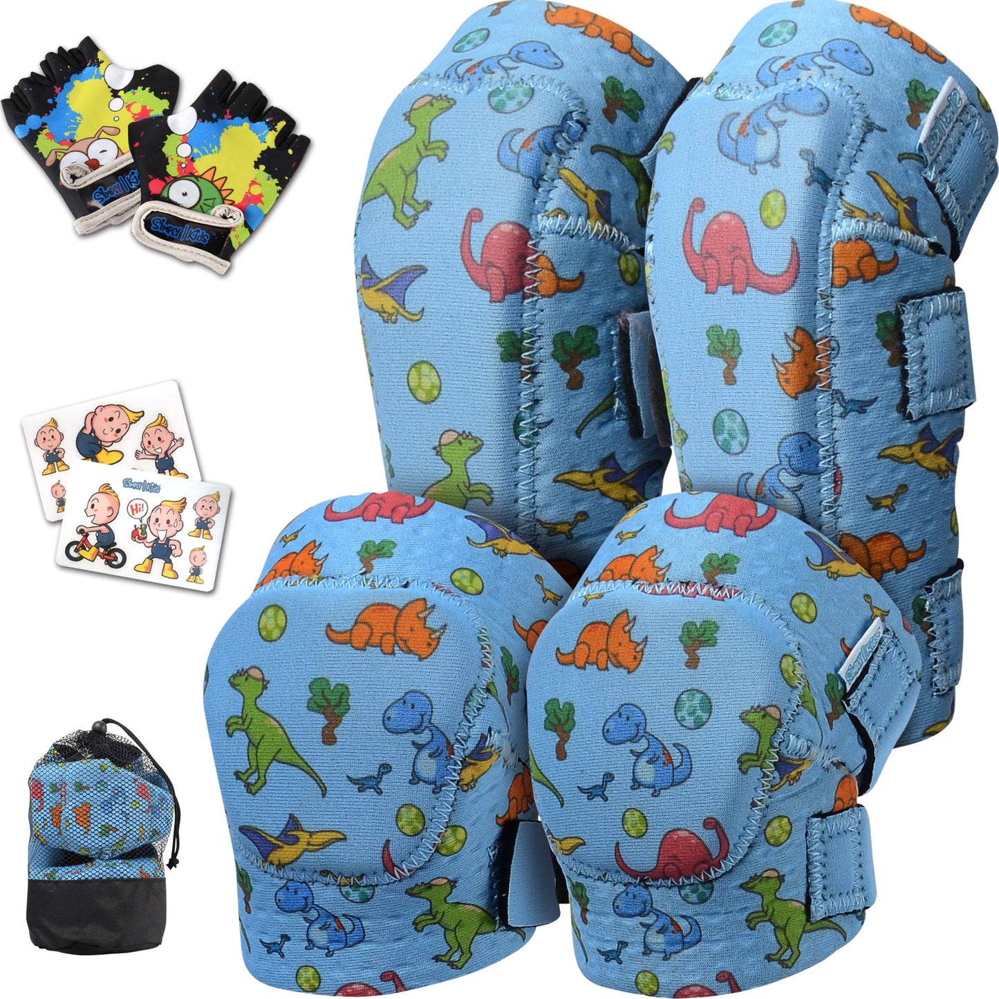 Soft-Style Kids Knee and Elbow Pads with Bike Gloves, Flexible Impact-Resistant Gear for Ages 2-11, Designed for Balance Bikes, Roller-Skating, and Skateboarding (Dinosaur, Small)