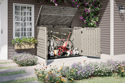 Suncast 5.9 ft. x 3.7 ft Horizontal Stow-Away Storage Shed - Natural Wood-Like Outdoor Storage for Trash Cans and Yard Tools - All-Weather Resin, Hinged Lid, Reinforced Floor - Made in The USA
