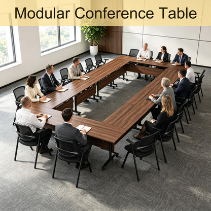 Modular Folding Conference Room Table with Wheels - 6 Pack Flip Top Mobile Training Table,Modern Meeting Tables 2-30 Person,Walnut,70.9"x21.6"x29.5"