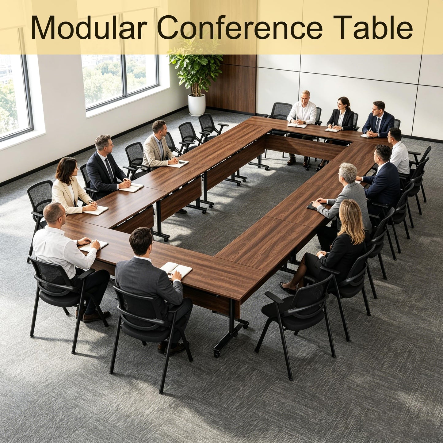 Modular Folding Conference Room Table with Wheels - 6 Pack Flip Top Mobile Training Table,Modern Meeting Tables 2-30 Person,Walnut,61"x 19.6"x 29.5"