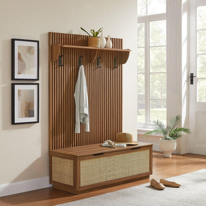 Modway Soma 3-in-1 Hall Tree in Walnut with Rattan Storage Bench and Fluted Coat Rack – 2-Piece Entryway Storage Set with Hooks, Shelf, and Bench