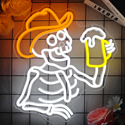 hhuohuona Cowboy Skeleton Beer Neon Sign Dimmable Western Bar Led Signs for Wall Skull Neon Sign Western Bedroom Decor Neon Lights for Man Cave Cowboy Gifts for Men
