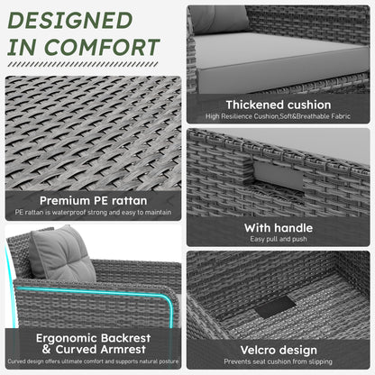 LHBcraft Balcony Furniture 5 Piece Patio Chairs Conversation Set, PE Wicker Rattan Outdoor Lounge Chairs with Soft Cushions 2 Ottoman-Glass Table for Porch, Charcoal