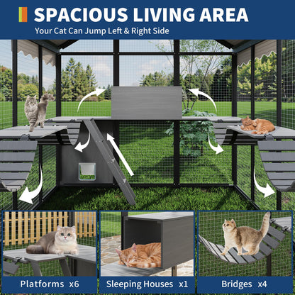 Garvee Large Outdoor Cat Enclosure for Multiple Cats - Weatherproof Catio with UV Cover, Platform & Side Door