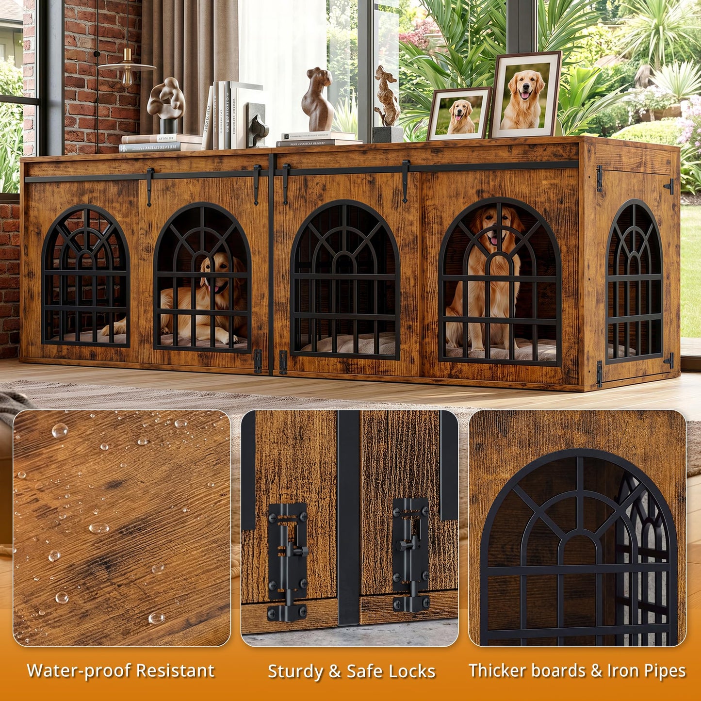 IRONCK 90.2" Double Room Dog Crate Furniture with Sliding Doors– Heavy Duty Wooden Dog Kennel with Hinged Divider, TV Stand & End Table for Large to Medium Dogs, Brown (Brown)