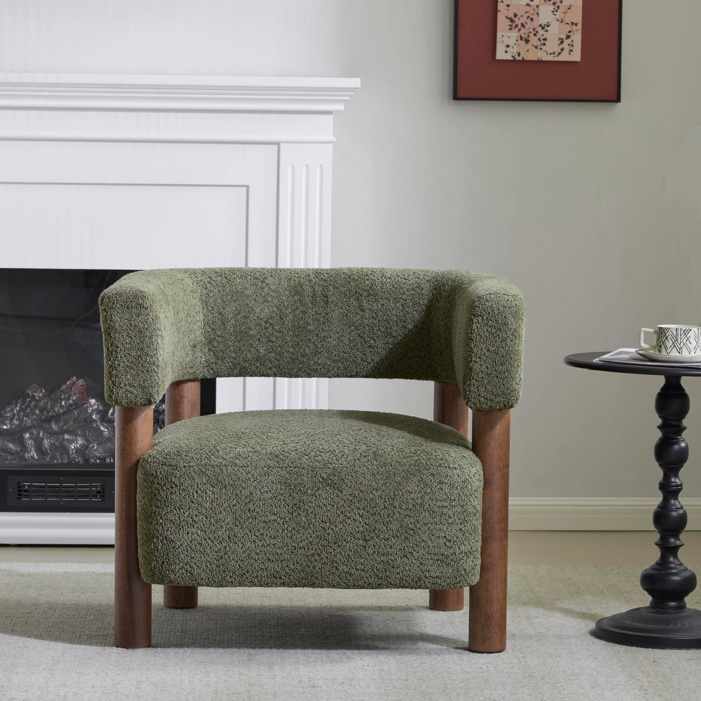 Christopher Knight Home Carly Low Profile Accent Chair, Round Backrest Side Chair, Living Room Armchair with Boucle Fabric Cushion,Comfy Reading Chair for Bedroom,Wooden Single Lounge Sofa,Olive Green