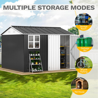 DWVO 10x8ft Large Tool Storage Shed with Window, Lockable Doors, and Sloped Roof, Oversized Steel Outdoor Storage Shed for Garden, Patio, Garage, Backyard, Lawn - Gray & White