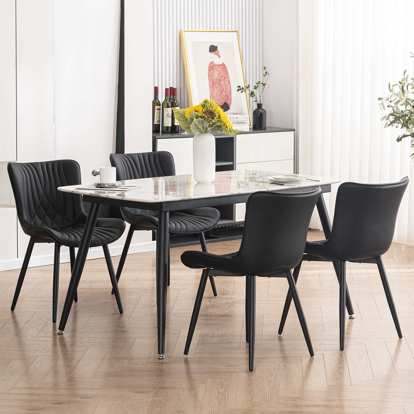 YOUTASTE Black Dining Chairs Set of 2 Mid Century Modern Kitchen&Dining Room Chairs Armless Upholstered Faux Leather Accent Chairs with Back Metal Vanity Lounge Side Chair for Living Room Bedroom