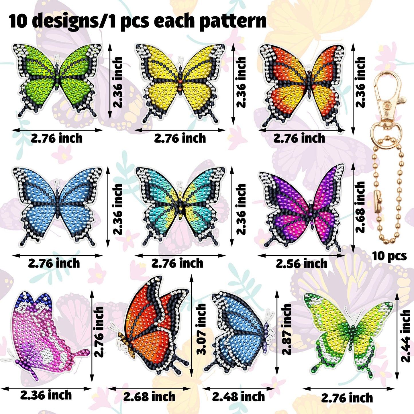 10 PCS Butterfly Diamond Painting Keychains Kit Double Sided Diamonds Art Key Rings Hanging 5D Diamond Ornaments Butterfly Full Drill Diamonds Pendants for Spring Summer Beginners Adults DIY Crafts