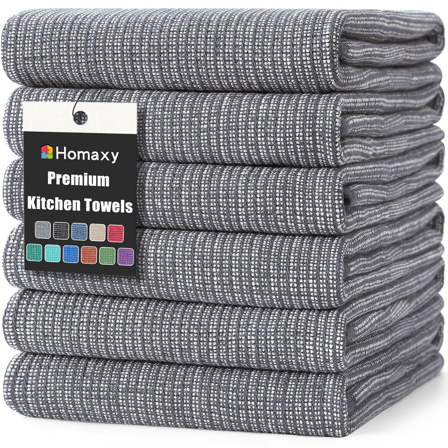 Homaxy Premium Kitchen Towels(18”x 28”, 6 Pack), Large Cotton Kitchen Hand Towels, Flat and Terry Dish Towels, 380 GSM Highly Absorbent Tea Towel Set with Hanging Loop, Grey