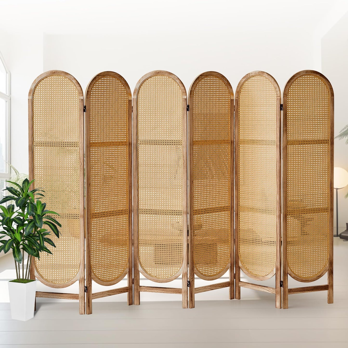 Asnefeli 6 Panels Room Divider, Foldable Wooden Room Divider, Individual Privacy Screen Made of Hand-Woven Rattan, Portable Wall Divider for Home Office Bedroom Bathroom Dressing Room (Natural)