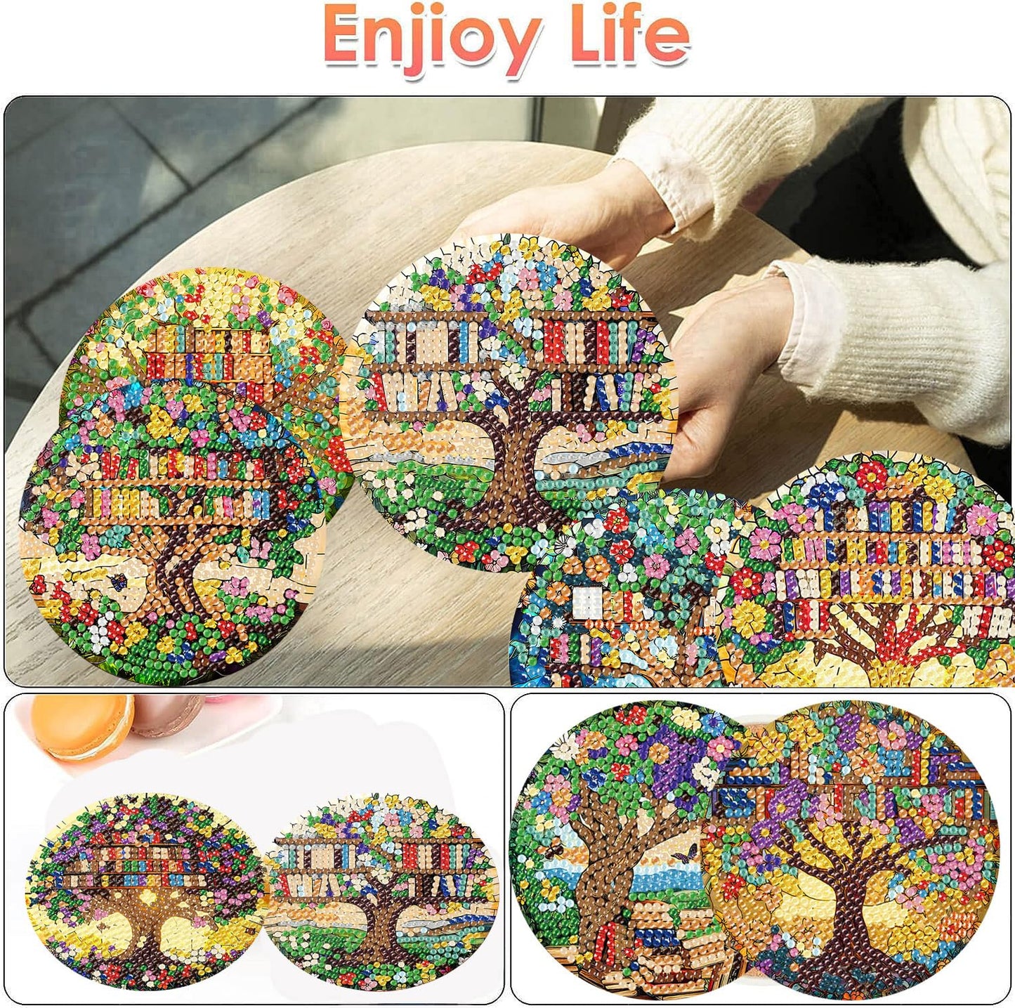 ijbnhd 8 Pcs Diamond Art Coasters Kits, Tree of Life Diamond Painting Coasters Kit with Holder, Diamonds Art Non Slip Coaster Crafts Kits for Adults Gifts 4x4 inch (Cork Wooden Pad)