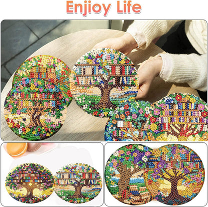 ijbnhd 8 Pcs Diamond Art Coasters Kits, Tree of Life Diamond Painting Coasters Kit with Holder, Diamonds Art Non Slip Coaster Crafts Kits for Adults Gifts 4x4 inch (Cork Wooden Pad)