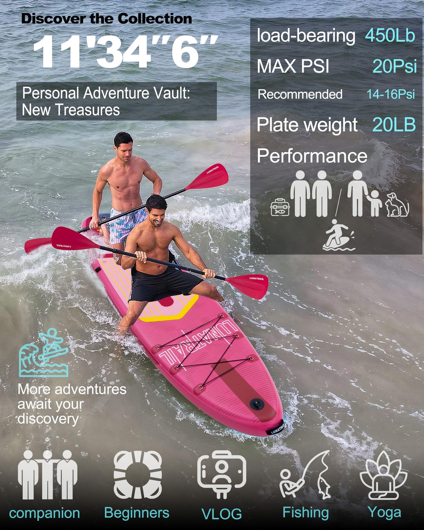 【11'×34"】 Extra Long/Extra Wide Premium Inflatable Stand Up Paddle Board (SUP) – Portable & Lightweight for Yoga, Surfing, Family Fun | Complete Kit with Paddle, Pump, Bag | Durable Design (Pink)
