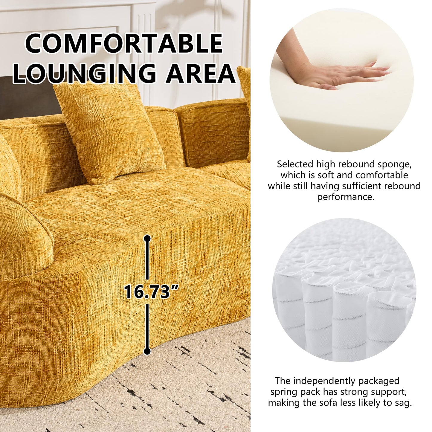 KEIKI 109.45" Curved Compressed Sofa, 4 Seat Couch with Round Armrest, Compression Seat for Living Room, Guest, Bedroom, No Assembly Required, Yellow