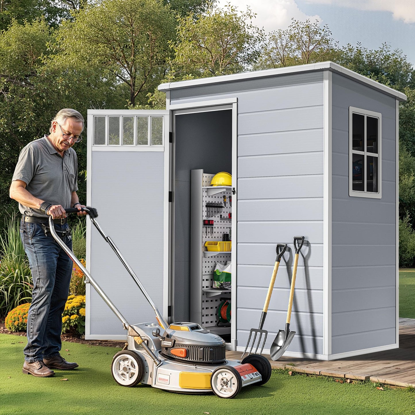 DWVO 5x3FT Outdoor Storage Shed with Fence-Style and Side Windows, Floor & Lockable Doors, Plastic Storage Shed for Backyard and Garden, Gray
