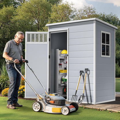DWVO 5x3FT Outdoor Storage Shed with Fence-Style and Side Windows, Floor & Lockable Doors, Plastic Storage Shed for Backyard and Garden, Gray