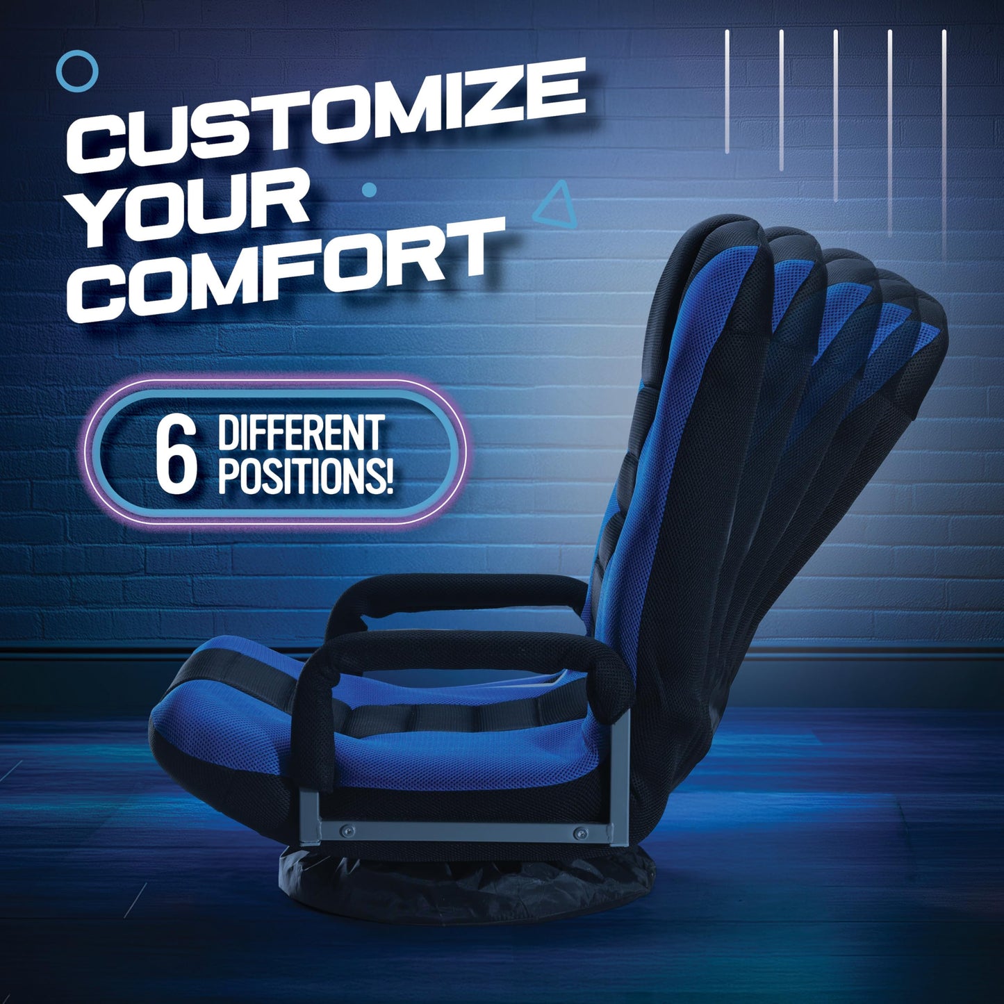 Maple99 Swivel Gaming Floor Chair - Enjoy 6 Different Positions, Adjustable Lumbar Support, Removable Polyester Cover & Arm Rests, Folds to Store, Stylish Blue with Black Center Stripe
