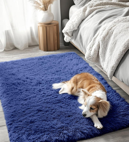 OLANLY 4x4 Soft Fluffy Shaggy Accent Rug - Machine Washable Indoor Carpet for Bedroom & Nursery, Navy Blue