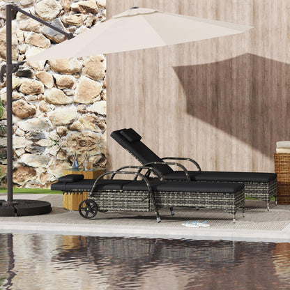 Outsunny Wicker Outdoor Chaise Lounge Set of 2, 5-Level Adjustable Backrest PE Rattan Pool Lounge Chair with Wheels, Cushion & Headrest, Mixed Gray and Charcoal Black
